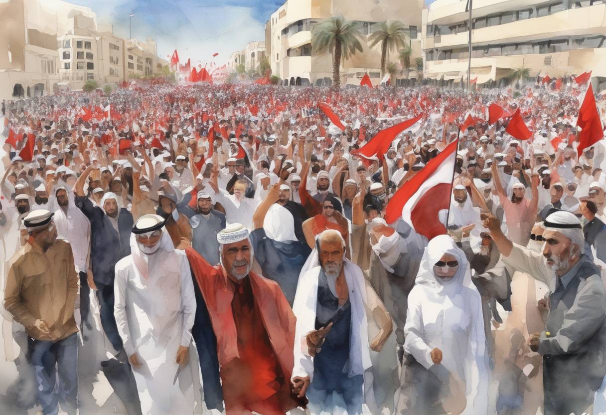 Watercolor painting based depiction of A massive protest took place in Bahrain as part of the Arab Spring, with demonstrators demanding political reforms and greater freedoms. The protests were centered at the Pearl Roundabout in the capital, Manama. (2011)