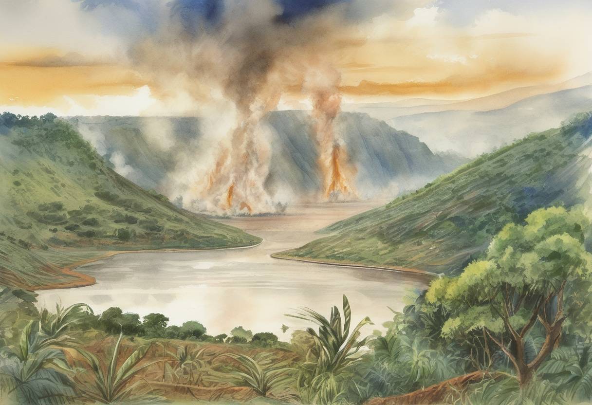 Watercolor painting based depiction of The Lake Nyos disaster occurs in Cameroon when a limnic eruption releases a large amount of carbon dioxide, suffocating over 1,700 people and 3,500 livestock. (1986)