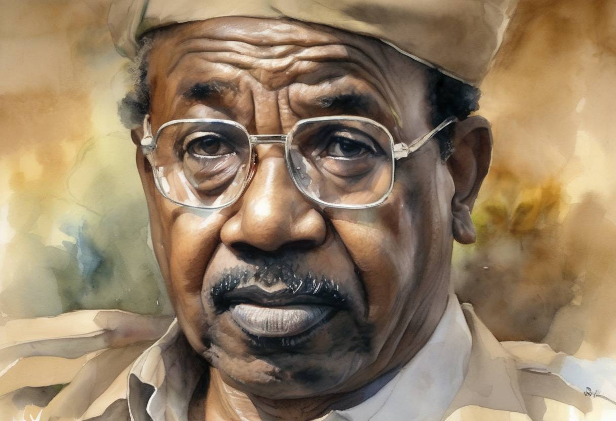 Watercolor painting based depiction of The International Criminal Court issued an arrest warrant for Sudanese President Omar al-Bashir for war crimes and crimes against humanity in Darfur. (2009)