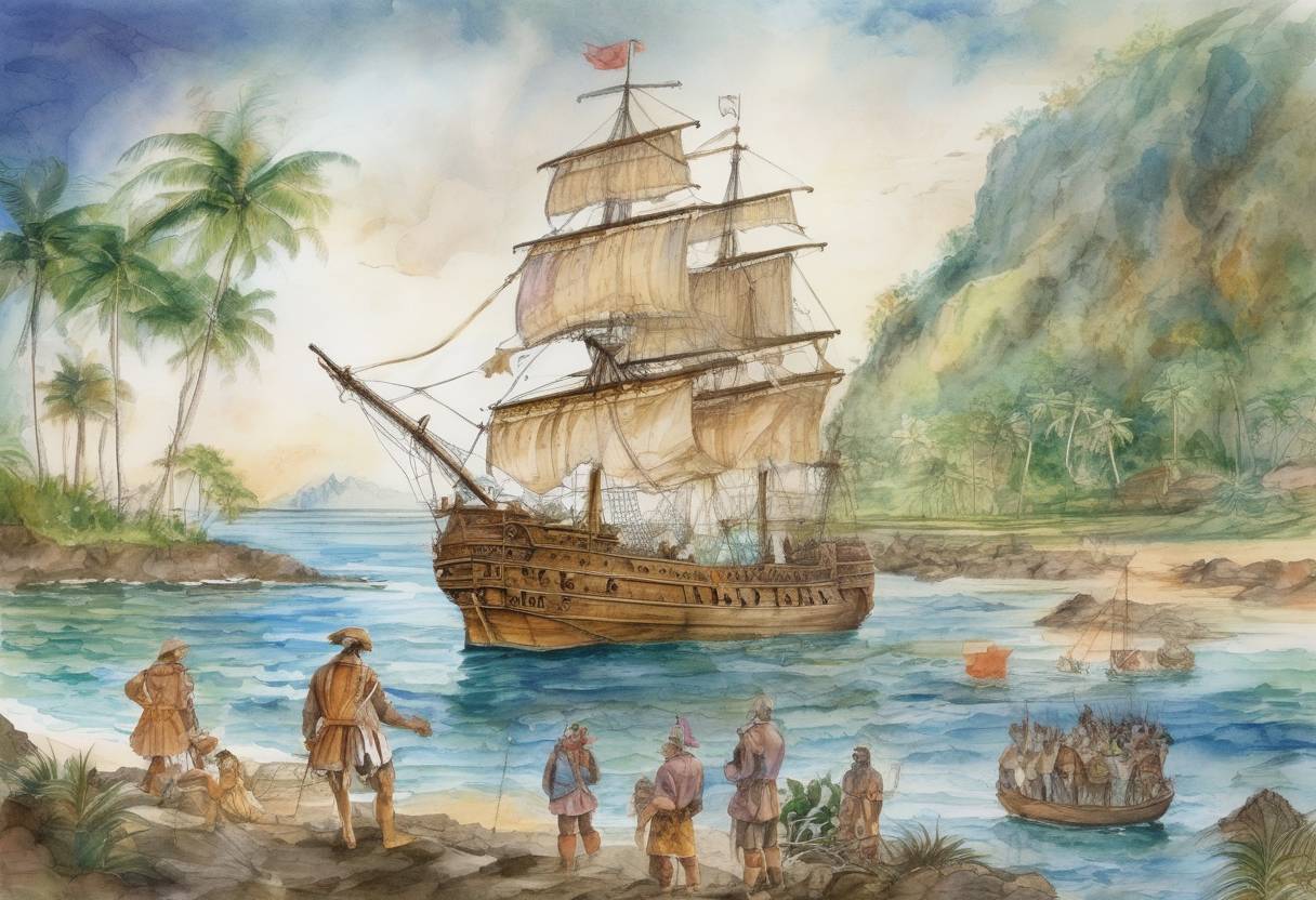 Watercolor painting based depiction of Ferdinand Magellan arrives at Guam during his circumnavigation of the globe. (1521)