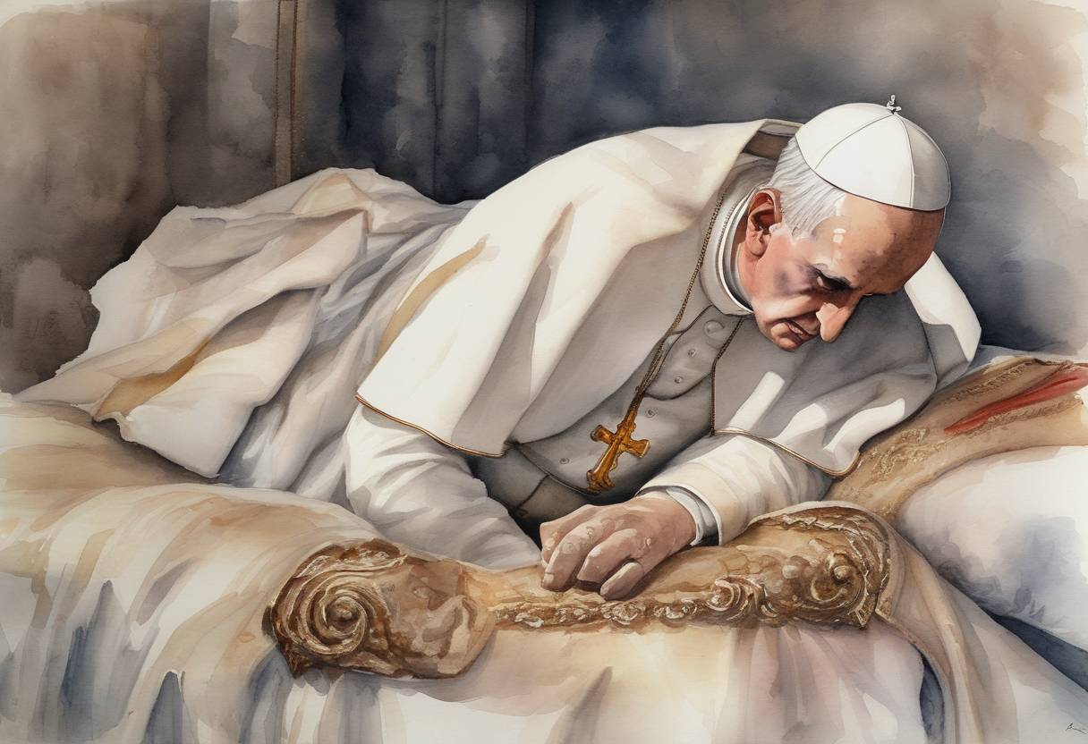 Watercolor painting based depiction of Pope John XII died under mysterious circumstances, possibly murdered, in Rome. His papacy was marked by scandal and controversy, and his death led to a period of instability in the papal succession. (964)