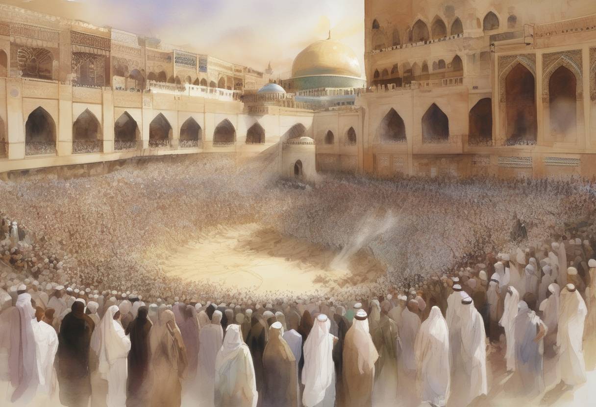 Watercolor painting based depiction of According to Islamic tradition, the Prophet Muhammad was born in Mecca on this date, although the exact date is debated among historians. (571)