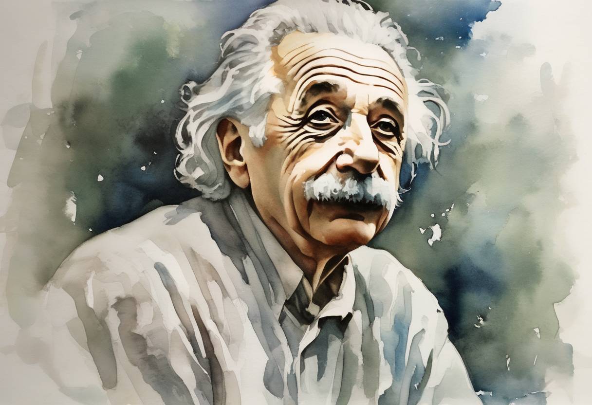 Watercolor painting based depiction of Albert Einstein, the renowned theoretical physicist known for developing the theory of relativity, passed away in Princeton, New Jersey. (1955)