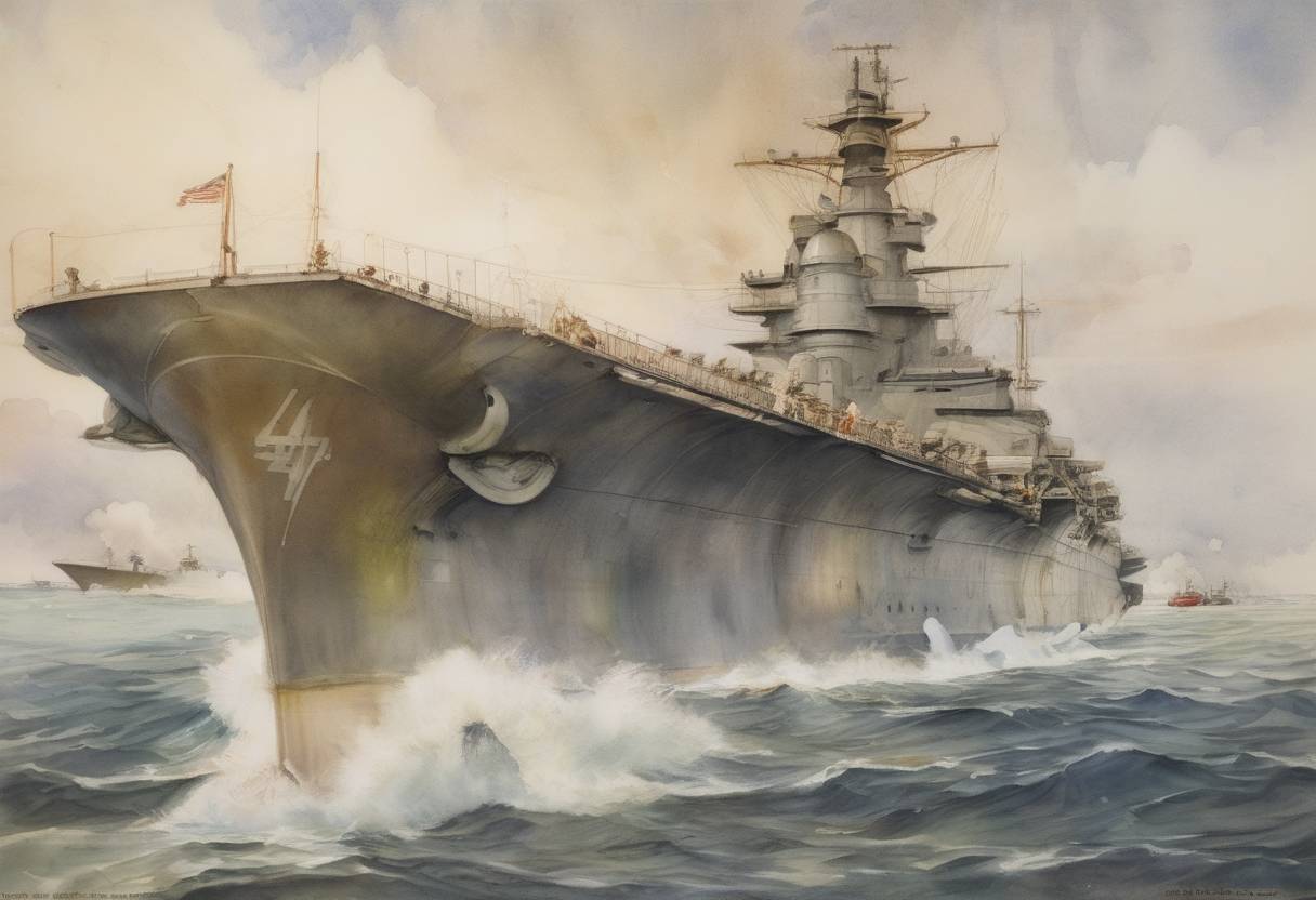 Watercolor painting based depiction of Eugene B. Ely landed on the deck of the USS Pennsylvania stationed in San Francisco Bay, marking the first time an aircraft landed on a ship. (1911)