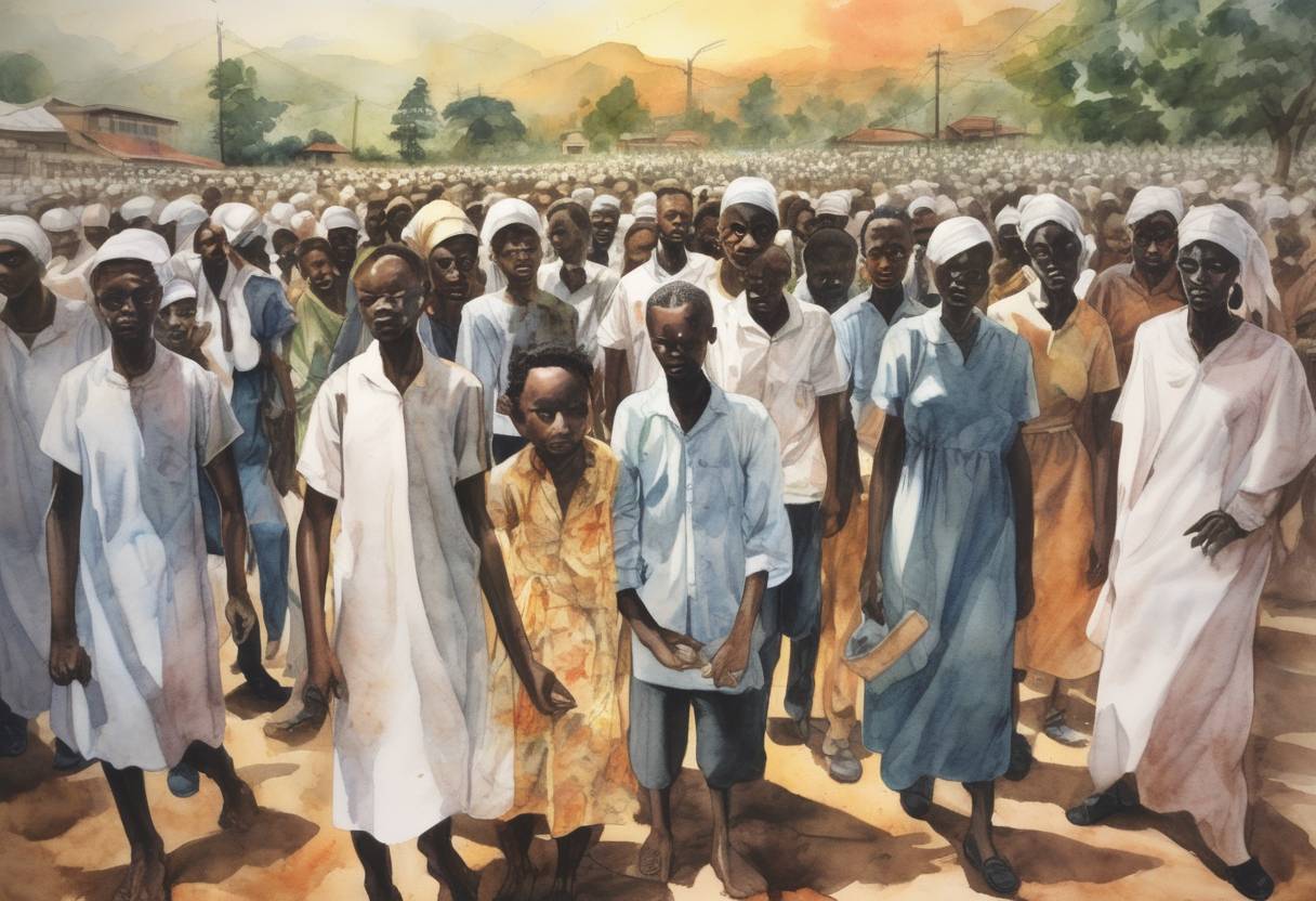 Watercolor painting based depiction of The Rwandan genocide begins, leading to the mass slaughter of Tutsi by Hutu extremists over the next 100 days. (1994)
