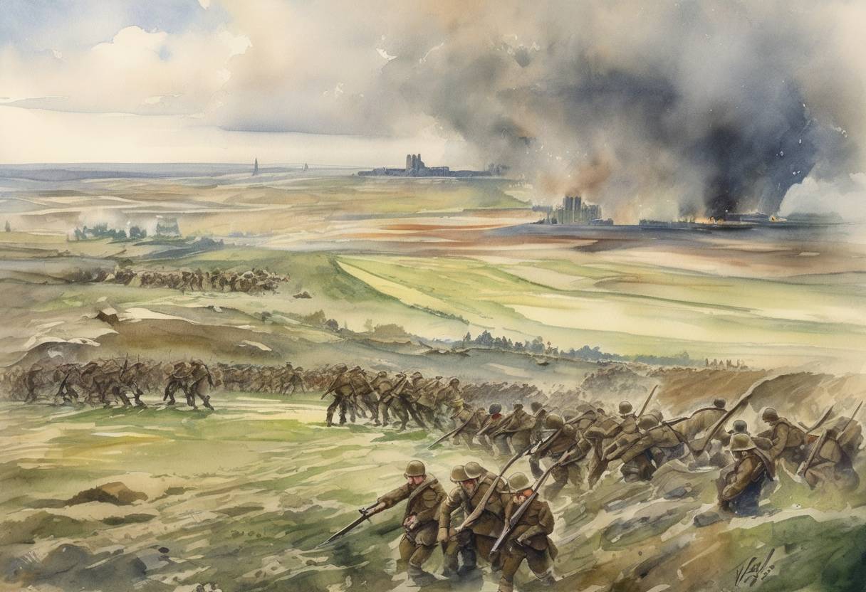 Watercolor painting based depiction of The Battle of Vimy Ridge began during World War I, where Canadian Corps attacked German positions in France, achieving a significant victory. (1917)