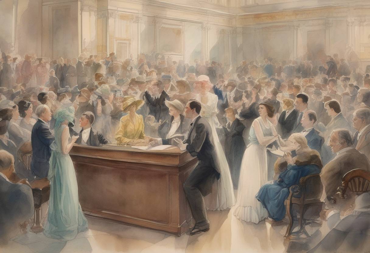 Watercolor painting based depiction of The 19th Amendment to the United States Constitution was ratified, granting women the right to vote. (1920)