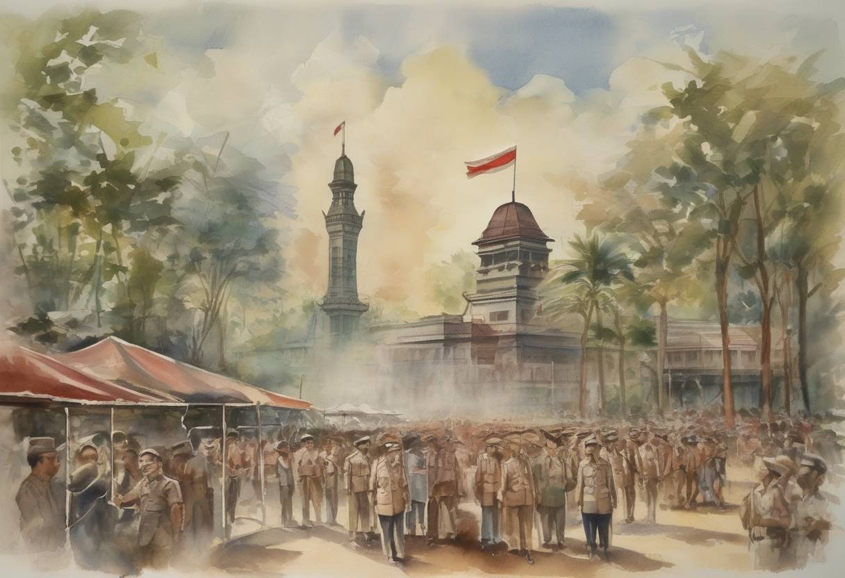 Watercolor painting based depiction of The Republic of Indonesia was proclaimed by Sukarno and Mohammad Hatta, marking the beginning of the Indonesian National Revolution against Dutch colonial rule. (1945)
