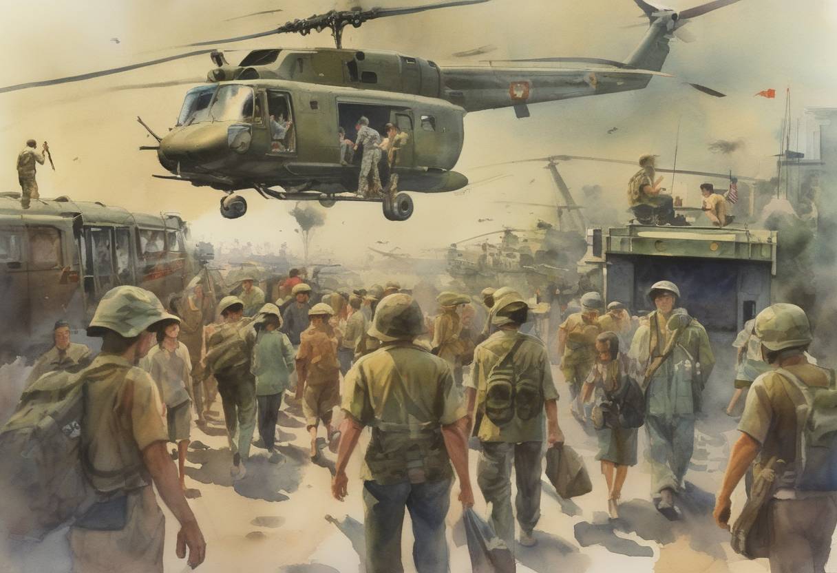 Watercolor painting based depiction of Operation Frequent Wind, the evacuation of American civilians and 'at-risk' Vietnamese from Saigon, begins as the Vietnam War draws to a close. (1975)