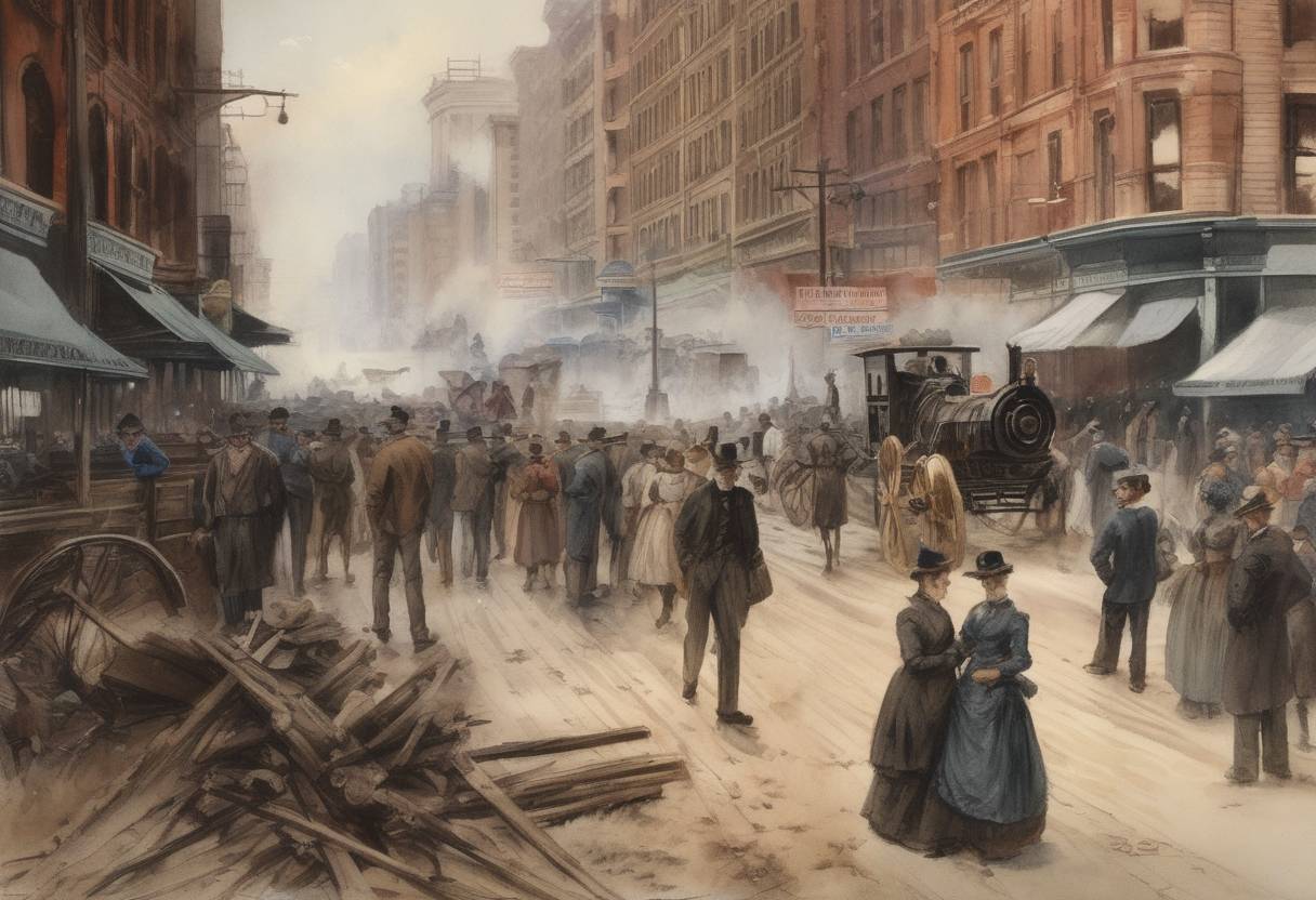 Watercolor painting based depiction of The Haymarket affair began in Chicago as part of a nationwide movement for an eight-hour workday, leading to a violent confrontation. (1886)