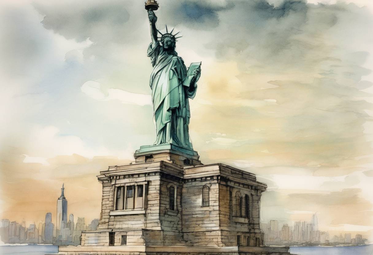 Watercolor painting based depiction of The pedestal of the Statue of Liberty reopens to the public after being closed following the September 11 attacks. (2004)