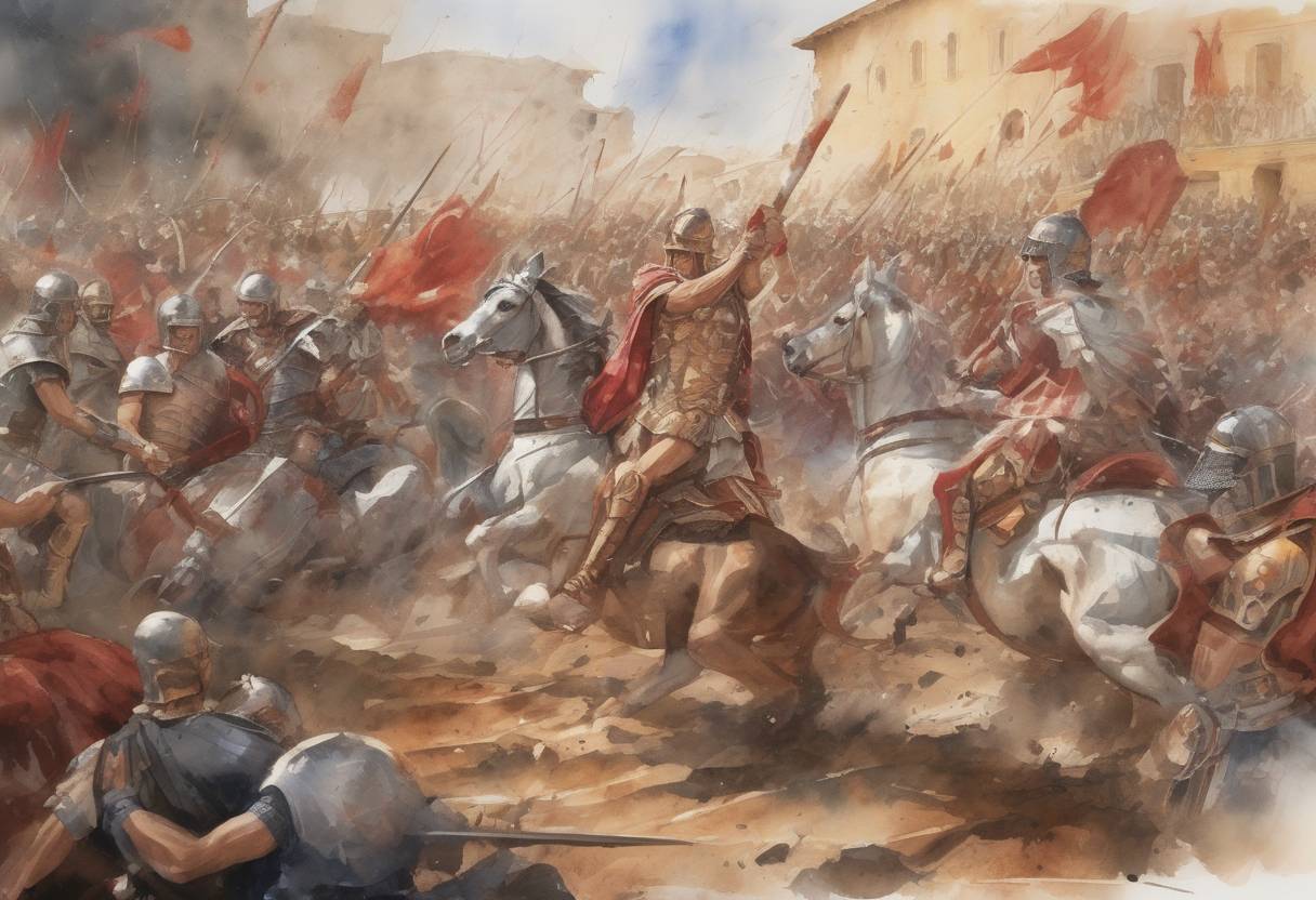 Watercolor painting based depiction of The Battle of Lugdunum took place, where Roman Emperor Caracalla defeated his brother Geta's supporters, consolidating his power over the Roman Empire. (216)