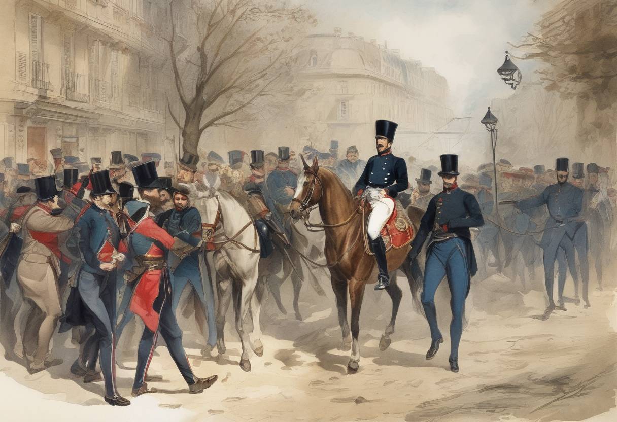 Watercolor painting based depiction of Napoleon III of France escapes an assassination attempt by Felice Orsini, an Italian nationalist. (1858)