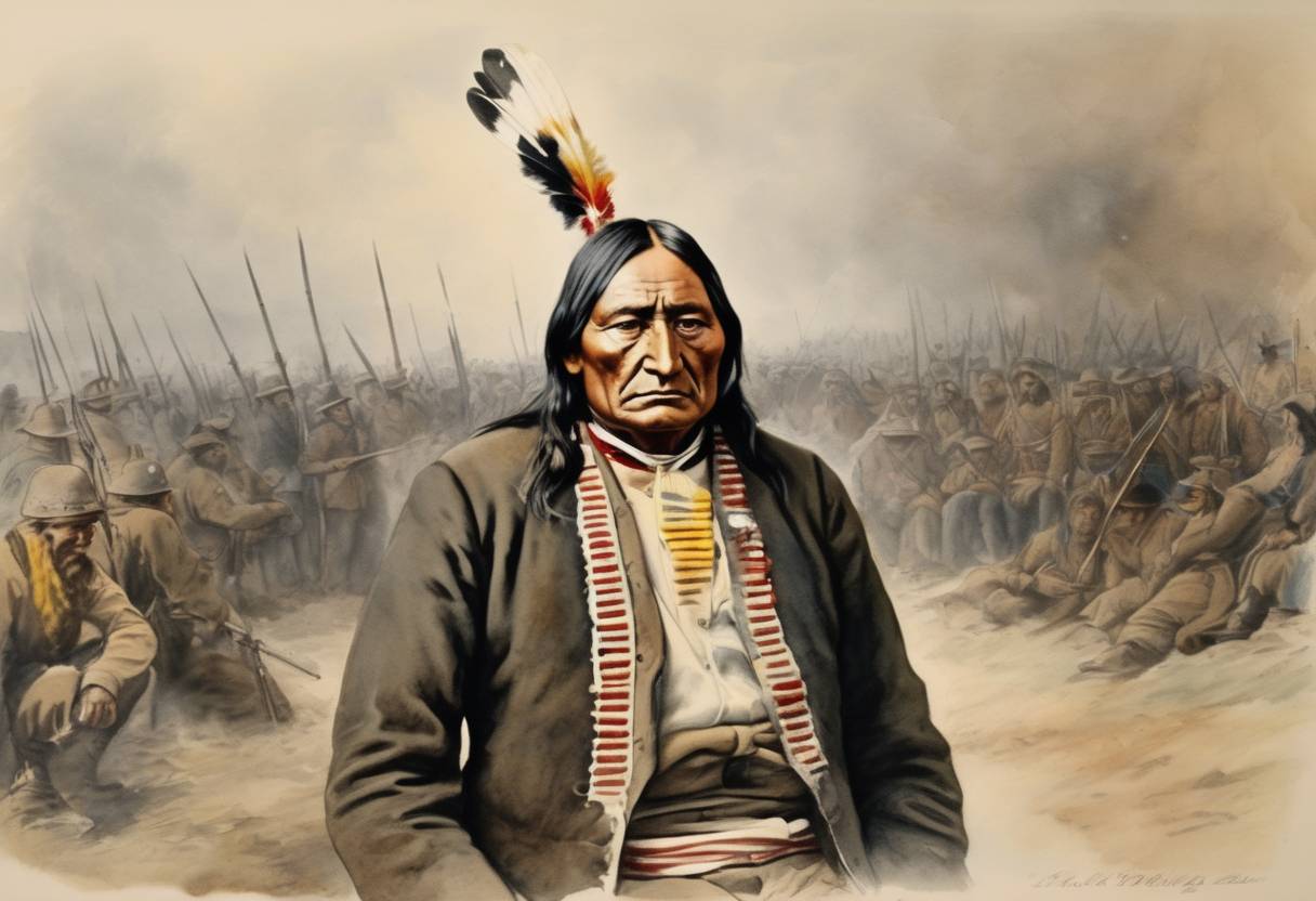 Watercolor painting based depiction of Sioux leader Sitting Bull surrendered to United States federal troops, marking the end of his resistance to U.S. government policies. (1881)