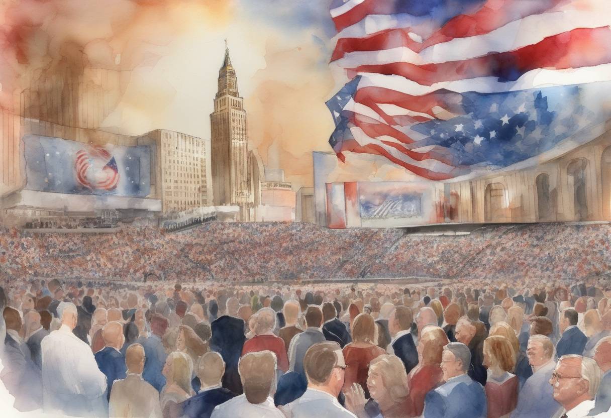 Watercolor painting based depiction of The Republican National Convention began in Cleveland, Ohio, where Donald Trump was formally nominated as the Republican candidate for President of the United States. This event marked a significant moment in the 2016 U.S. presidential election. (2016)