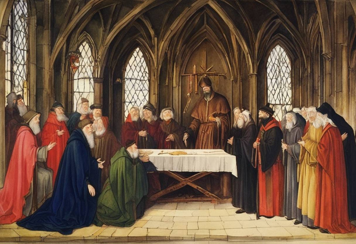 Watercolor painting based depiction of The death of John Wycliffe, an influential theologian and reformer, often referred to as the 'Morning Star of the Reformation'. Wycliffe was known for his criticism of the church's wealth and power, and for translating the Bible into English. (1384)