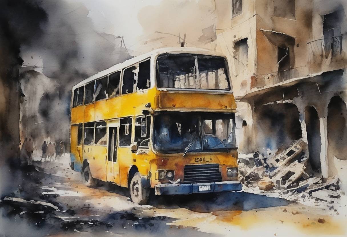 Watercolor painting based depiction of The Damascus bus bombing occurred when two buses were attacked in Damascus, Syria, resulting in at least six deaths and leaving several others injured. (2016)