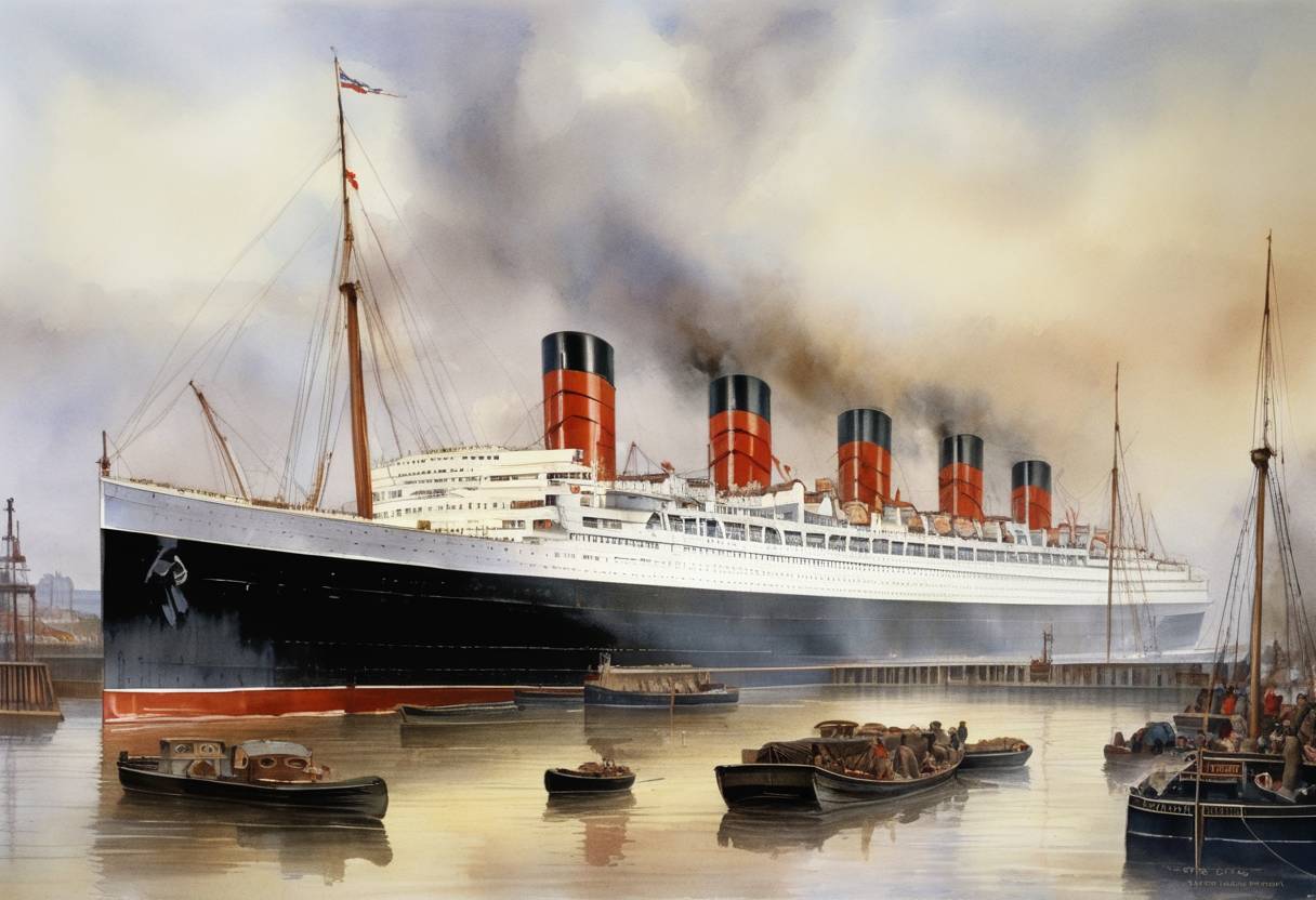 Watercolor painting based depiction of The RMS Queen Mary is launched by the Cunard Line at the John Brown & Company shipyards in Clydebank, Scotland. (1934)