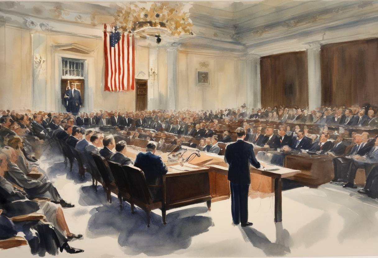 Watercolor painting based depiction of The Warren Commission Report, addressing the assassination of President John F. Kennedy, was presented to President Lyndon B. Johnson. (1964)