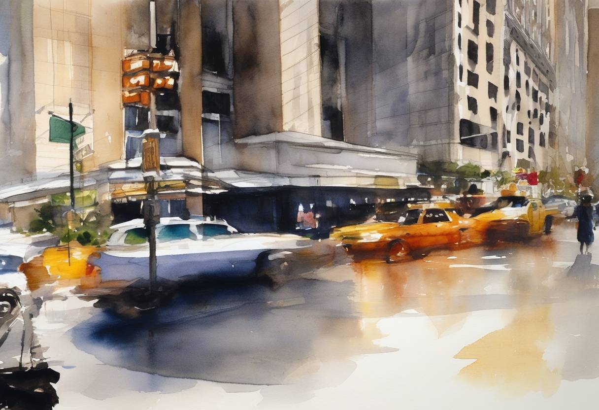 Watercolor painting based depiction of Private equity firm Blackstone Group purchases commercial real estate company, the Hilton Hotels Corporation, for approximately $26 billion, marking one of the largest such deals in the hotel industry. (2008)