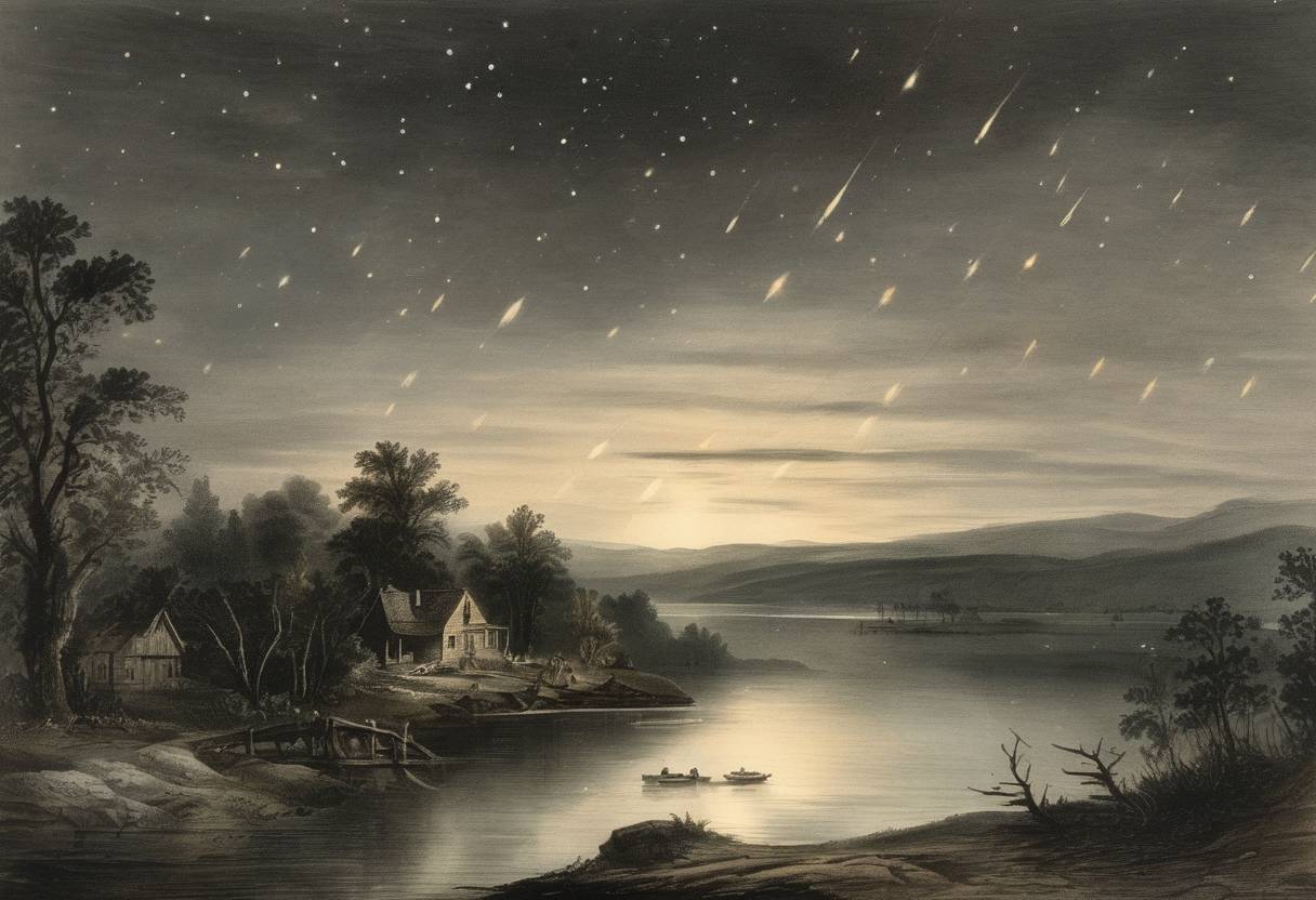 Watercolor painting based depiction of A remarkable meteor shower lit up the skies over the United States, with meteors visible from many locations. (1843)
