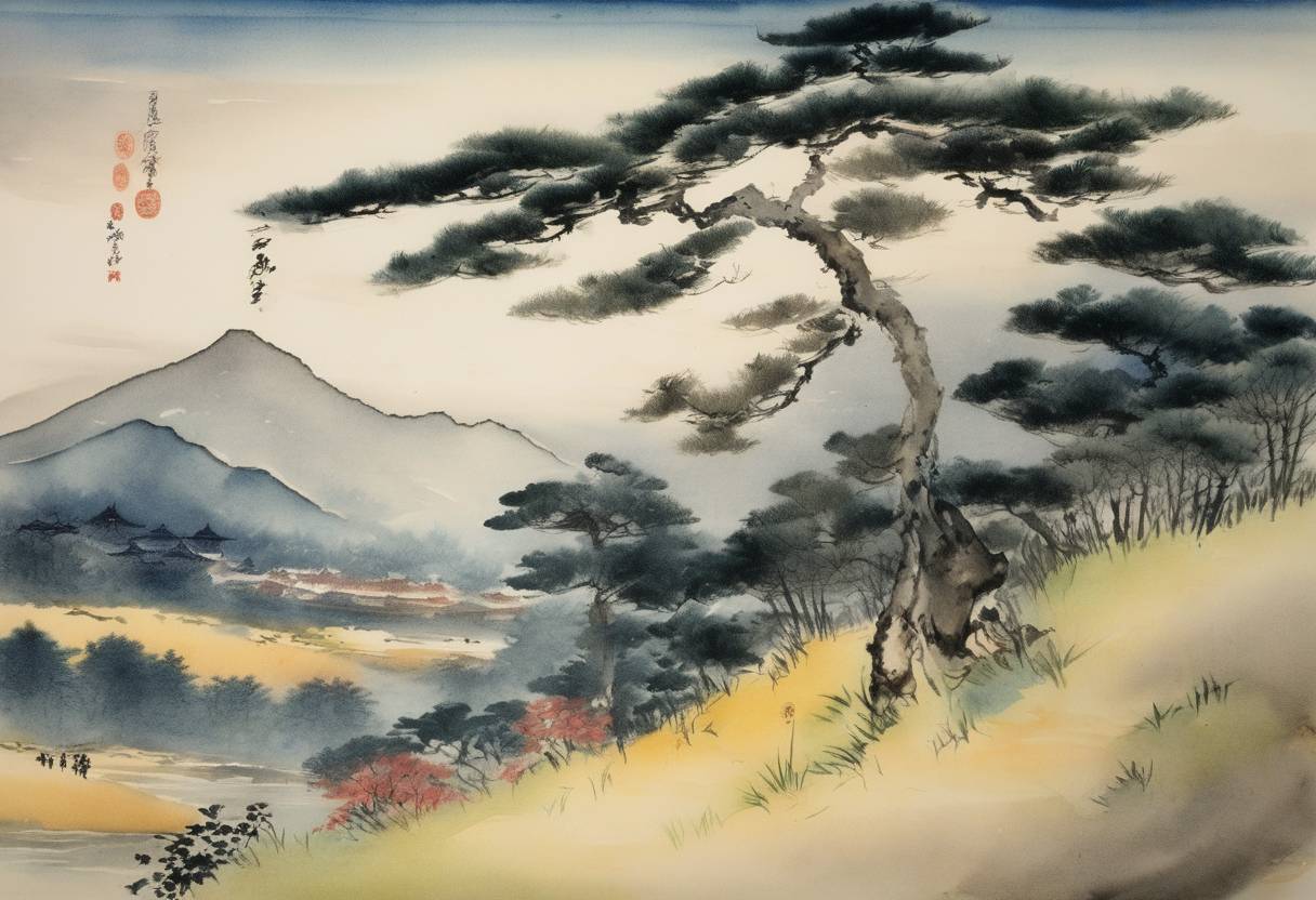 Watercolor painting based depiction of Musashi Miyamoto, the legendary Japanese swordsman, is said to have won his first duel at the age of 13. (1589)