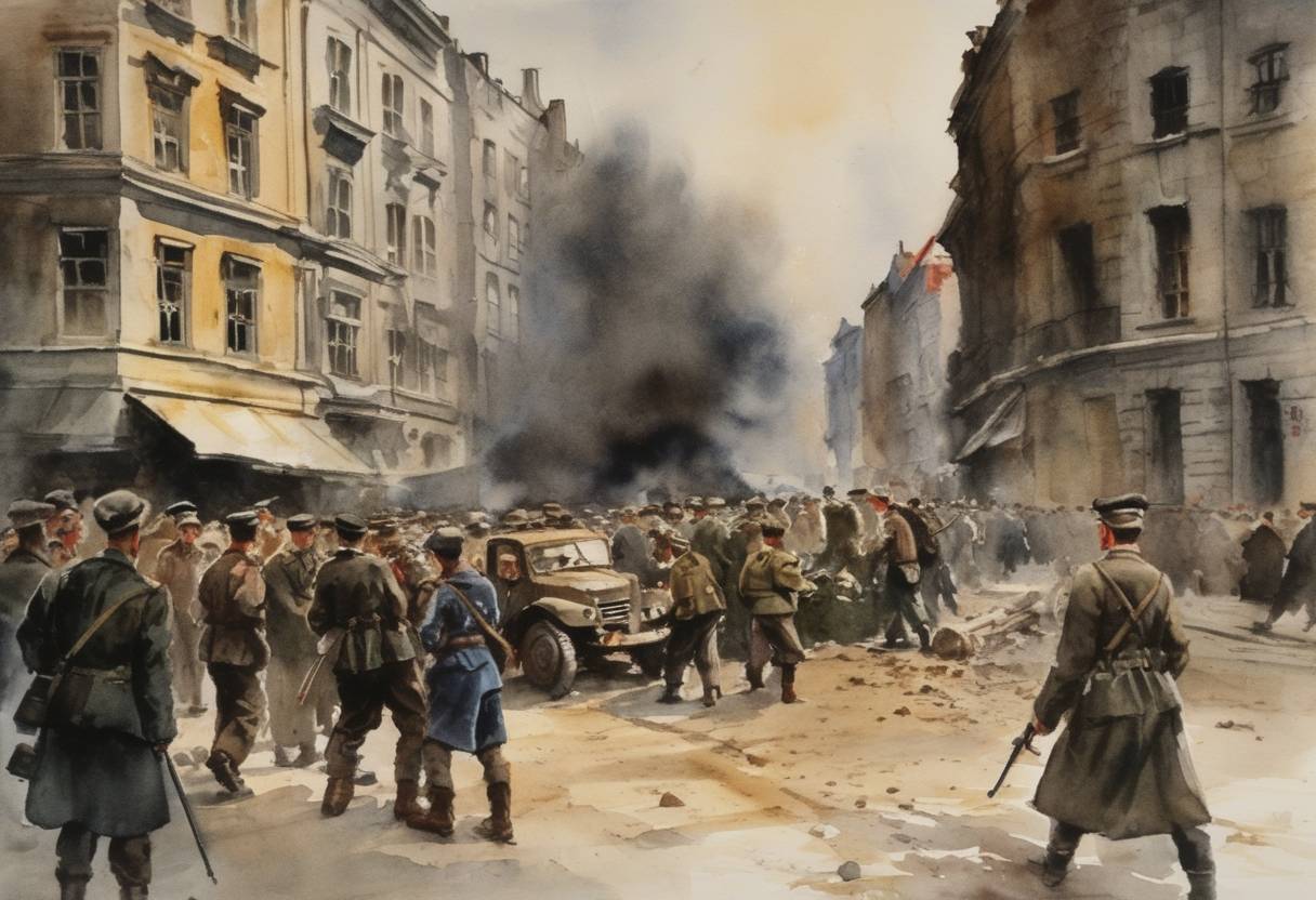 Watercolor painting based depiction of The Warsaw Uprising officially ends as the remaining Polish resistance in Warsaw surrenders to the German forces. (1944)