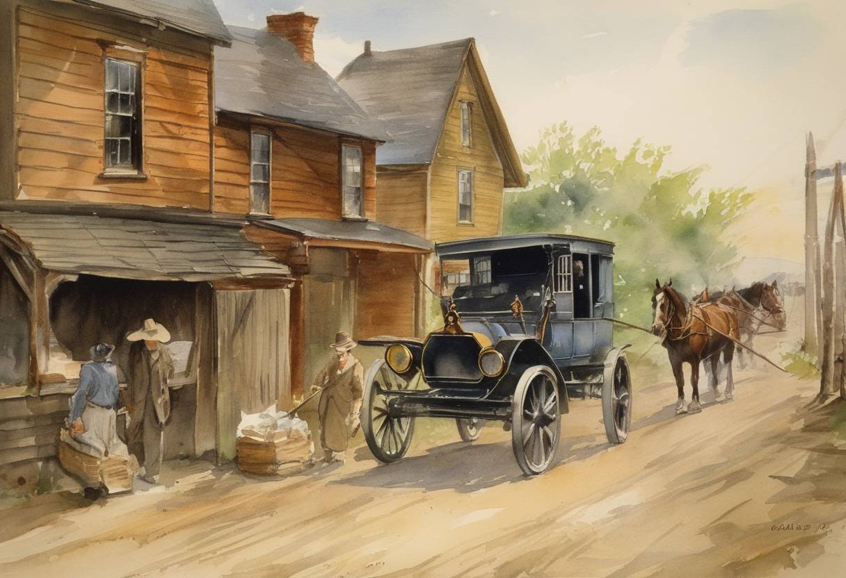 Watercolor painting based depiction of Free rural delivery (RFD) of mail began in the United States, marking a significant change in rural mail services. (1896)
