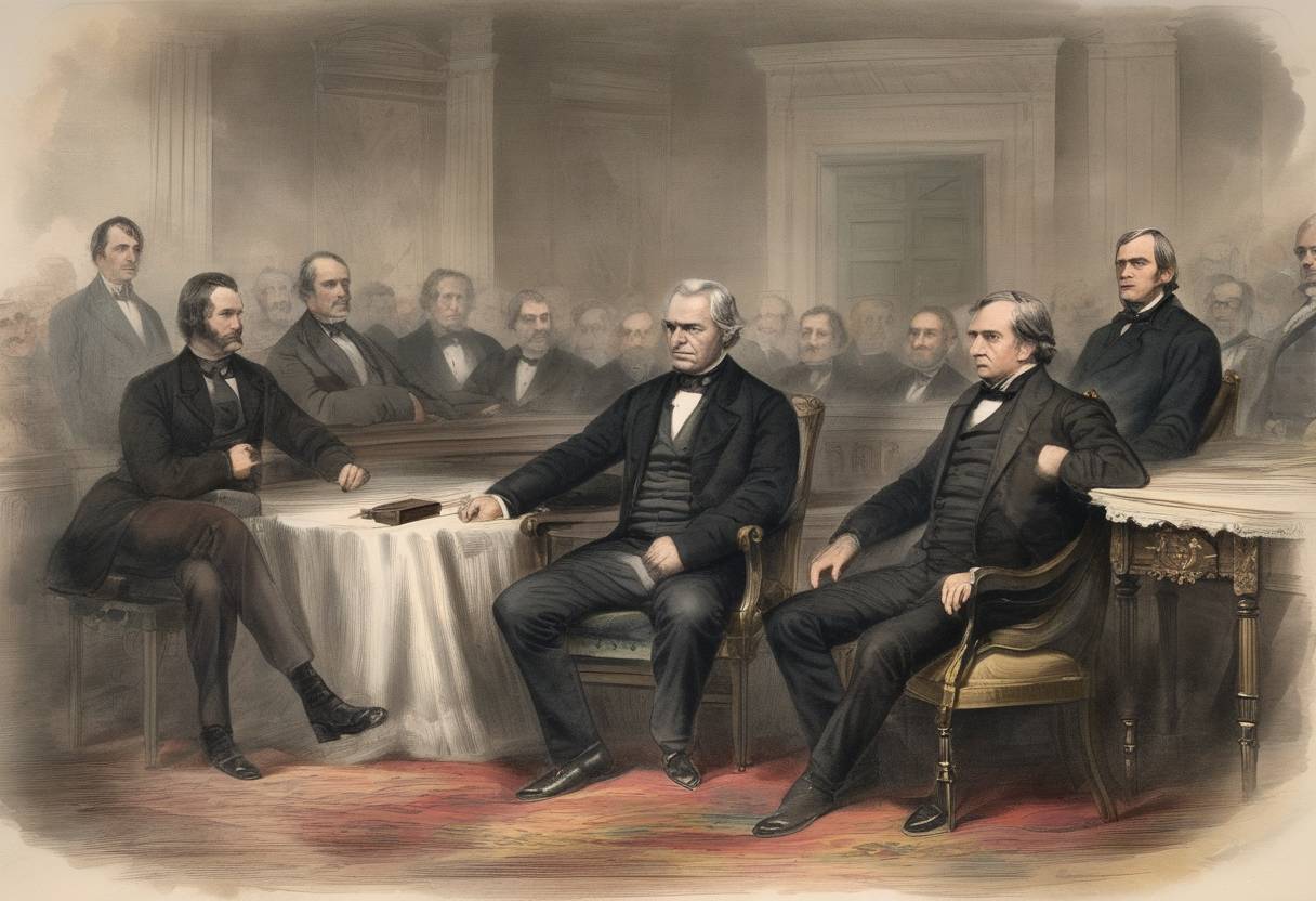 Watercolor painting based depiction of President Andrew Johnson issued a final unconditional pardon to all Confederate soldiers. (1868)
