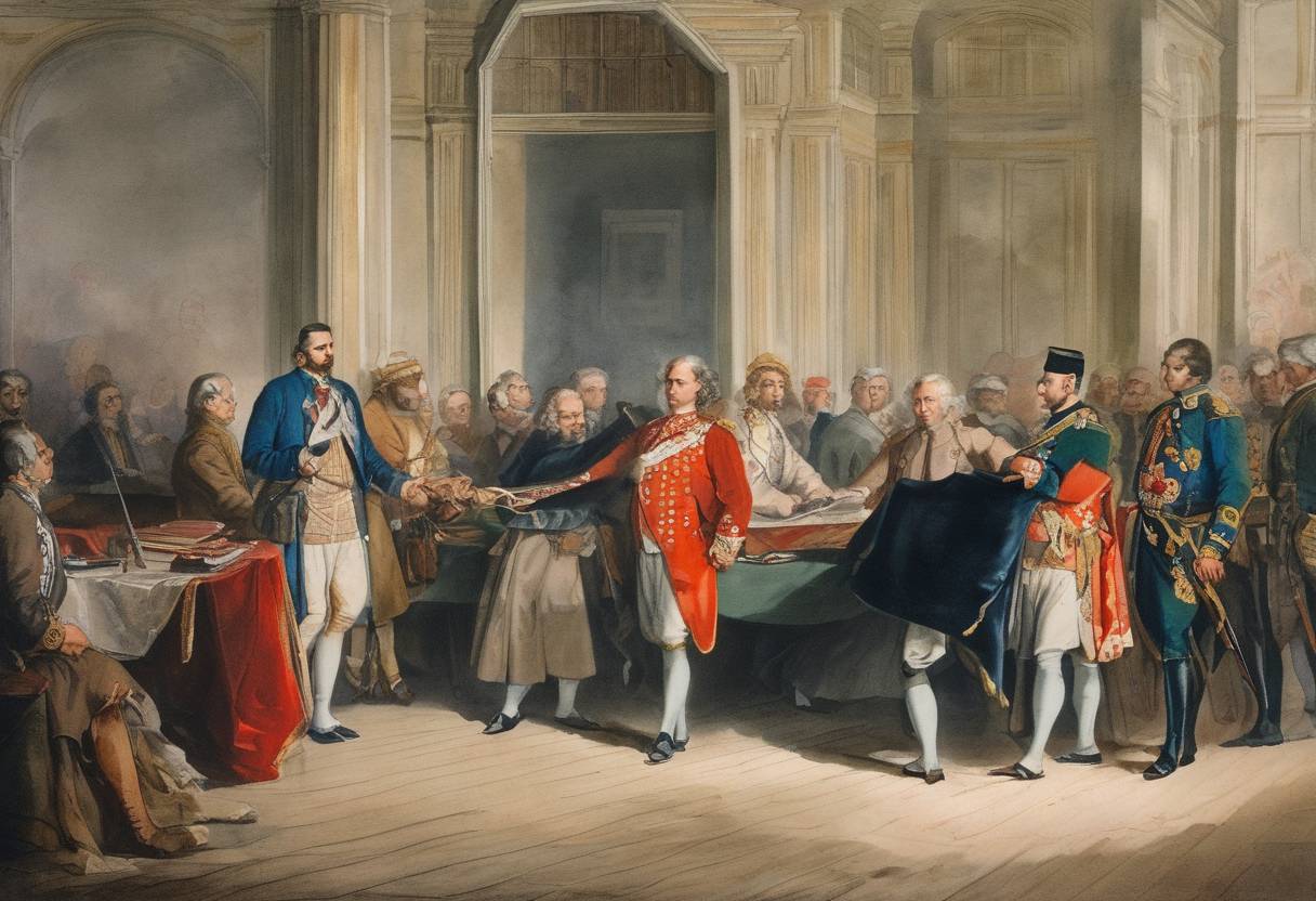 Watercolor painting based depiction of The Treaty of Belgrade is signed, ending the Austro-Russian–Turkish War (1735–1739) and establishing peace between the Ottoman Empire and the Habsburg Monarchy. (1739)