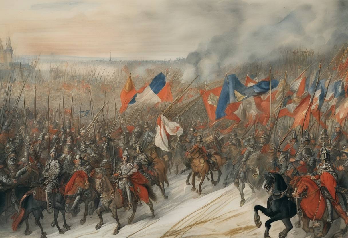 Watercolor painting based depiction of The Swedish army, led by Charles IX, defeated King Sigismund III of Poland in the Battle of Stångebro during the Polish-Swedish War (1600–1611), solidifying Charles IX's control over Sweden. (1595)