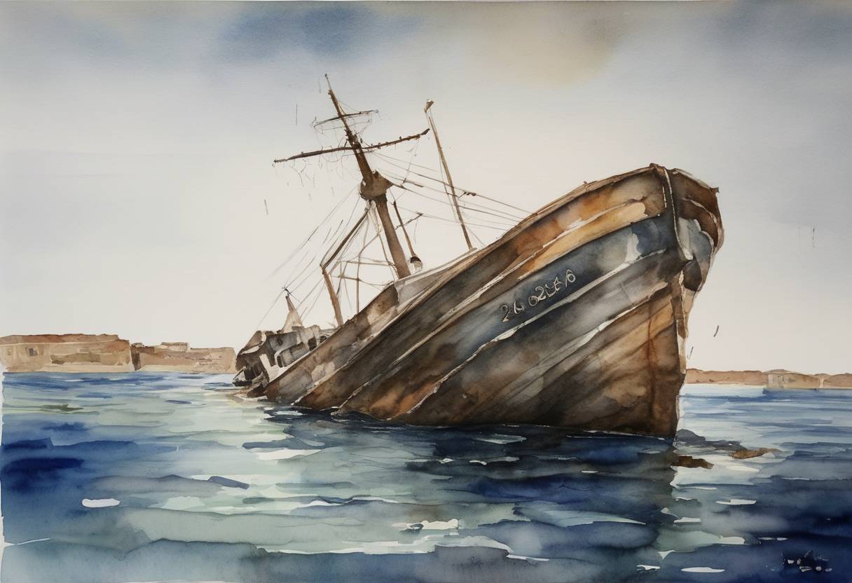 Watercolor painting based depiction of A migrant ship sank off the coast of Lampedusa, Italy, resulting in the death of at least 339 people. This tragic event highlighted the ongoing migrant crisis in the Mediterranean. (2013)