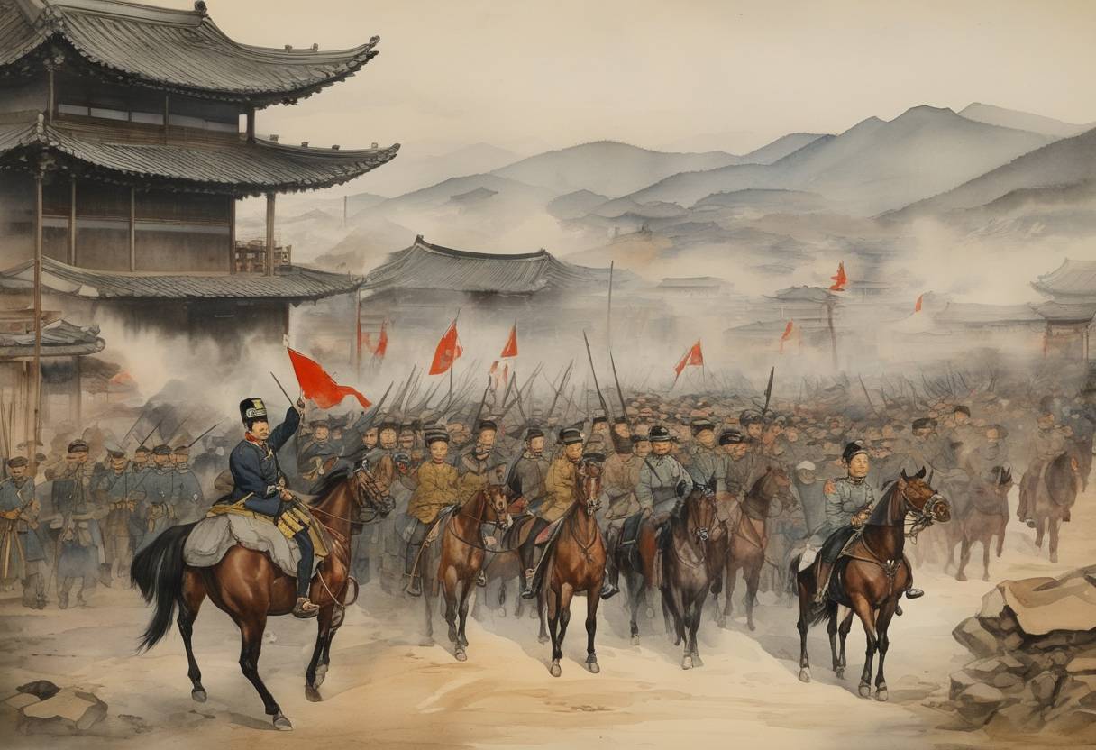 Watercolor painting based depiction of The First Sino-Japanese War began, marking the start of a military conflict between the Qing Dynasty of China and the Empire of Japan over influence in Korea. (1894)