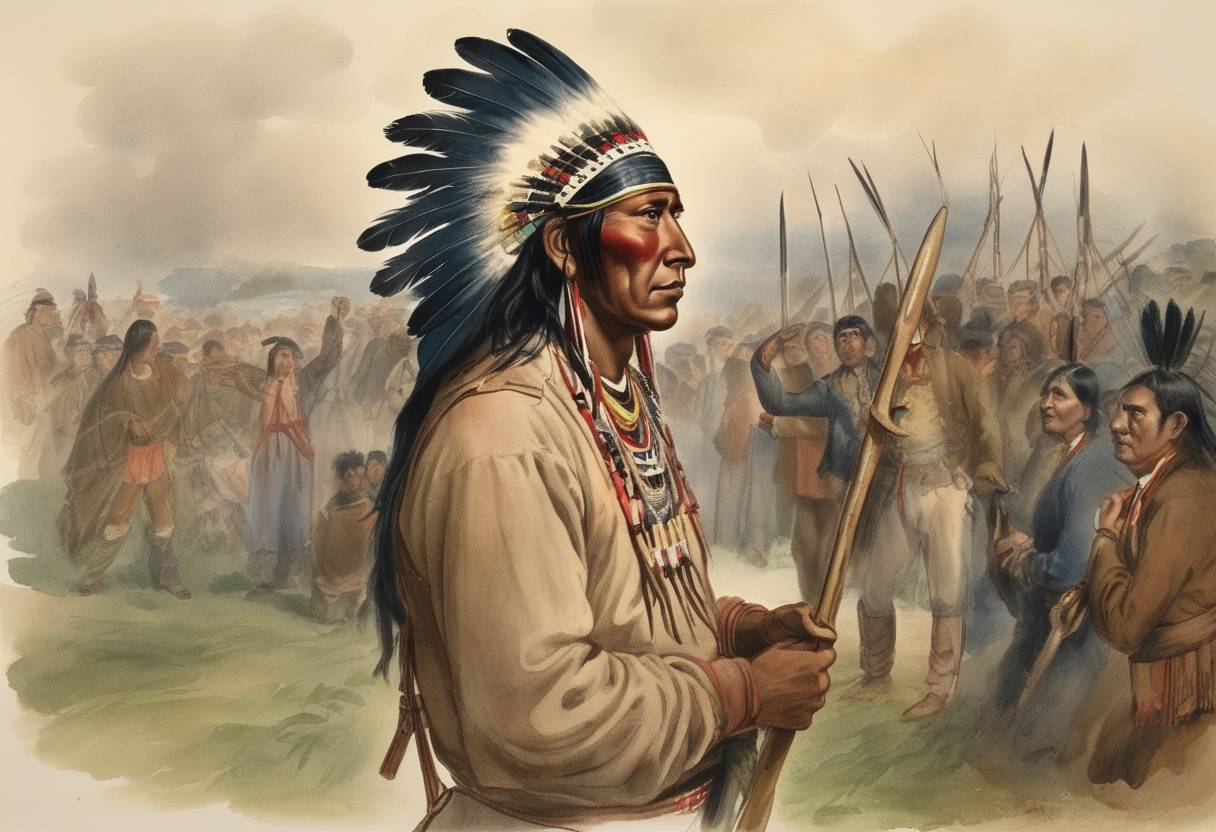 Watercolor painting based depiction of Black Hawk, a leader of the Sauk tribe, surrendered to U.S. authorities, effectively ending the Black Hawk War. (1832)