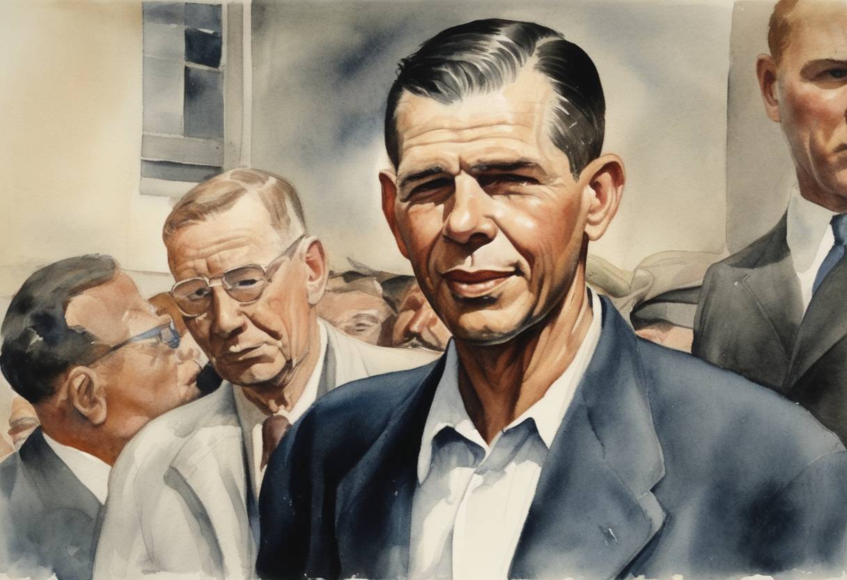 Watercolor painting based depiction of Alger Hiss is released from prison after serving 44 months for perjury related to espionage charges. (1954)