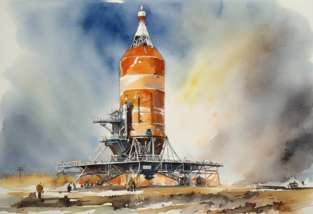 Watercolor painting based depiction of The Soyuz 22 spacecraft, a Soviet space mission, is launched to perform Earth observation, especially for preparing the 1980 Moscow Olympics. (1976)