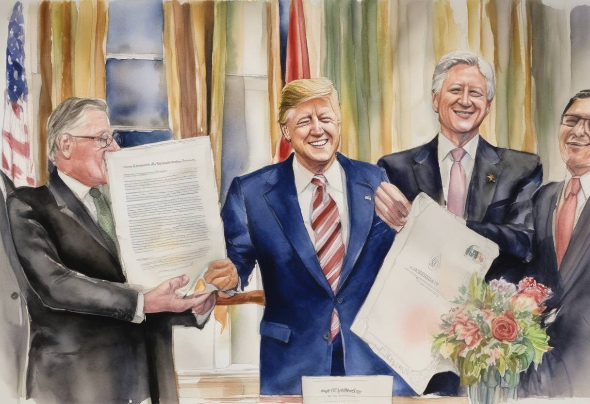 Watercolor painting based depiction of The North American Free Trade Agreement (NAFTA) was signed into law by U.S. President Bill Clinton, set to eliminate trade barriers between the U.S., Canada, and Mexico. (1993)