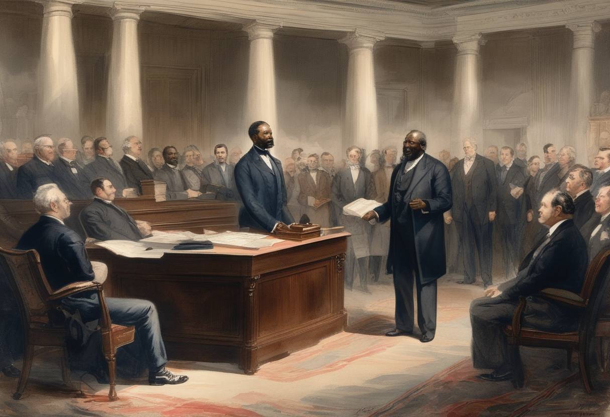 Watercolor painting based depiction of Joseph H. Rainey was sworn in as the first African-American to serve in the U.S. House of Representatives. (1870)