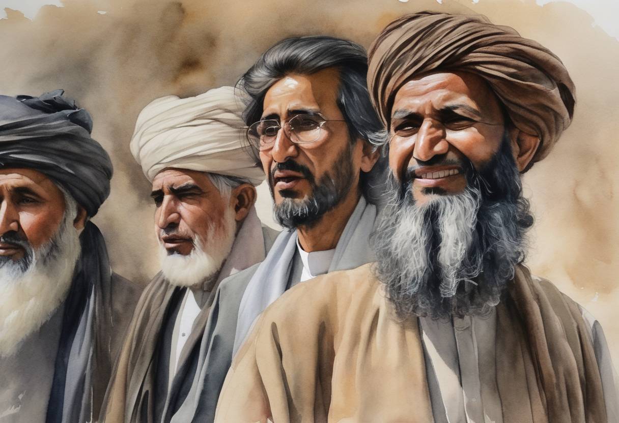 Watercolor painting based depiction of The Taliban announced the formation of a caretaker government with Mohammad Hasan Akhund as the acting Prime Minister, following their takeover of Afghanistan in August 2021. (2021)