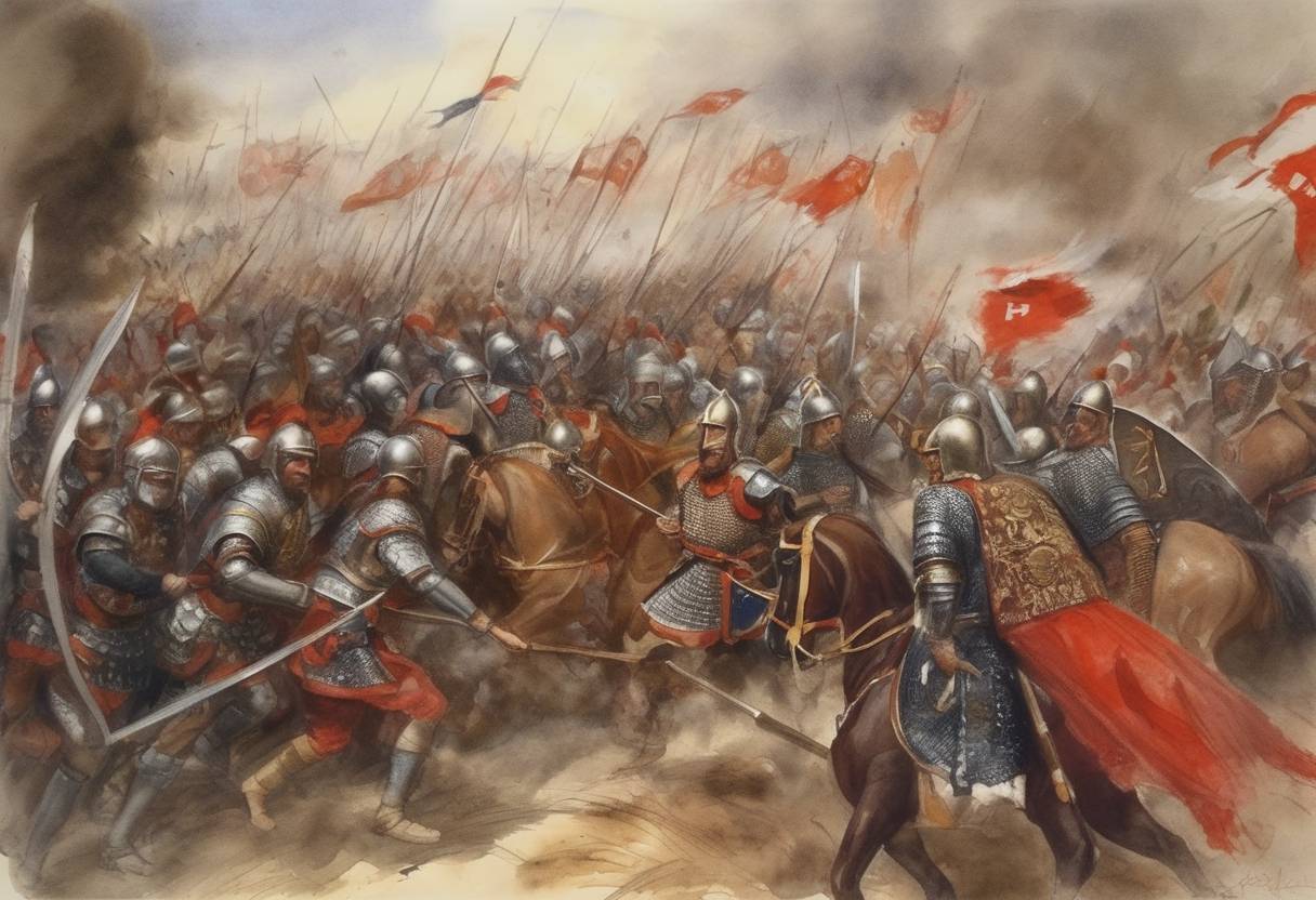 Watercolor painting based depiction of The Battle of Dyrrhachium takes place between the Normans, led by Robert Guiscard, and the Byzantine Empire, led by Emperor Alexios I Komnenos. The Normans emerge victorious in this engagement during their campaign in Byzantine territories. (1081)