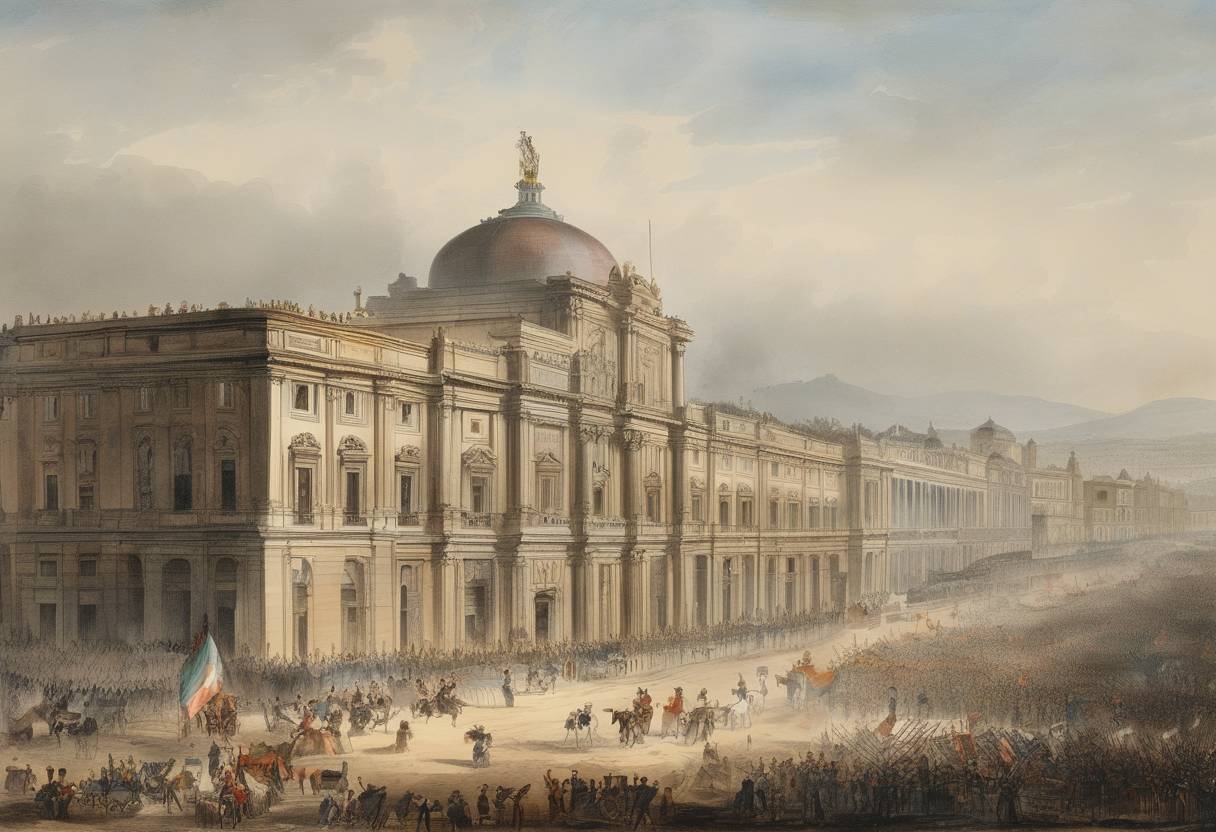 Watercolor painting based depiction of Mexico declares war on France after a dispute over debts owed to French citizens, marking the beginning of the Pastry War. (1838)