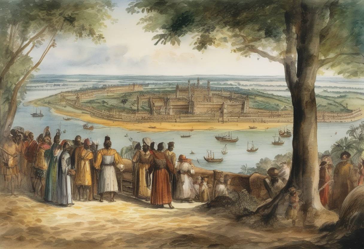 Watercolor painting based depiction of The founding of Belém, a key city in the eastern part of the Amazon basin, by Portuguese explorer Francisco Caldeira Castelo Branco. It played a significant role in the colonization of the Amazon region and remains the capital of the state of Pará in Brazil. (1616)