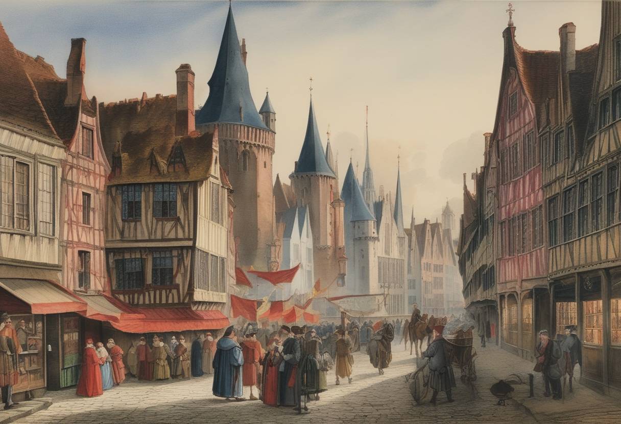 Watercolor painting based depiction of King Charles VI of France issued a royal grant to Bruges, promoting trade privileges that would help the city become an important European trading hub. (1405)