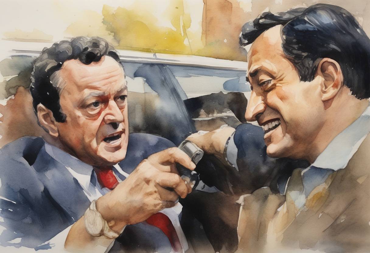 Watercolor painting based depiction of San Francisco Mayor George Moscone and Supervisor Harvey Milk are assassinated by former Supervisor Dan White. (1978)