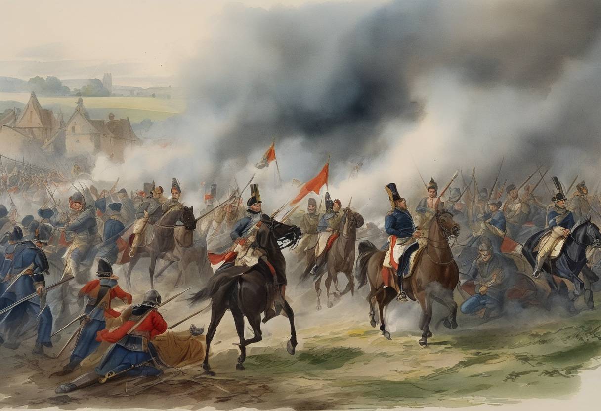 Watercolor painting based depiction of The French army, led by Prince Louis (the future Louis VIII of France), was defeated by the English forces at the Battle of Lincoln. (1217)