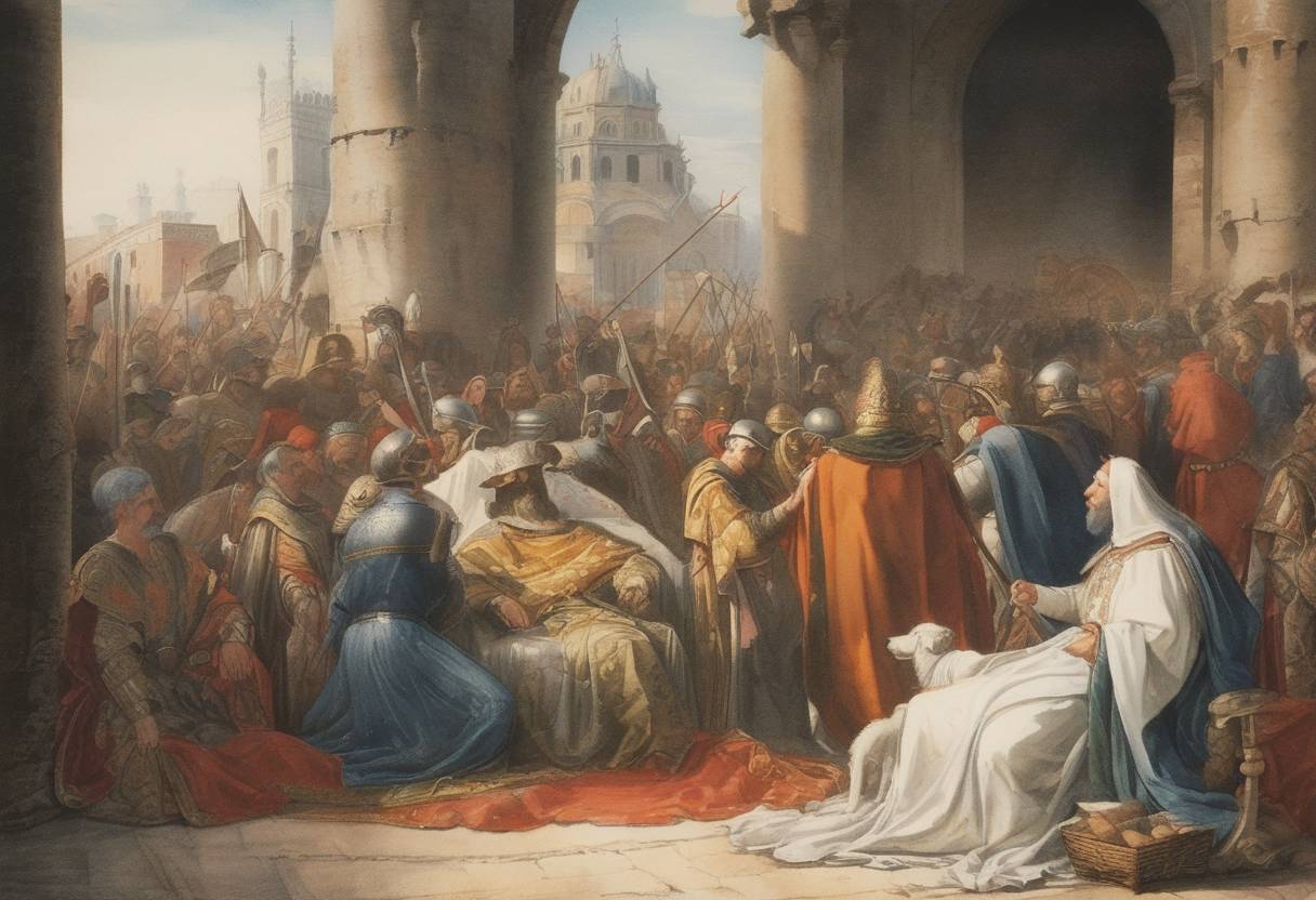 Watercolor painting based depiction of The death of Ser Ludovico II Ordelaffi, an influential Italian condottiero and lord of Forlì, marking a shift in local power dynamics. (1354)