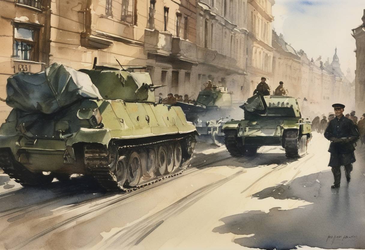 Watercolor painting based depiction of Hungary withdraws from the Warsaw Pact during the Hungarian Revolution of 1956. (1956)