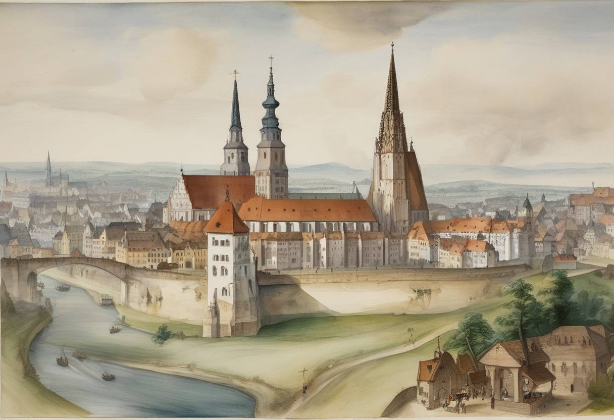Watercolor painting based depiction of The setting of the Peace of Augsburg in Germany allowing for the coexistence of Catholicism and Lutheranism in the Holy Roman Empire. (1548)