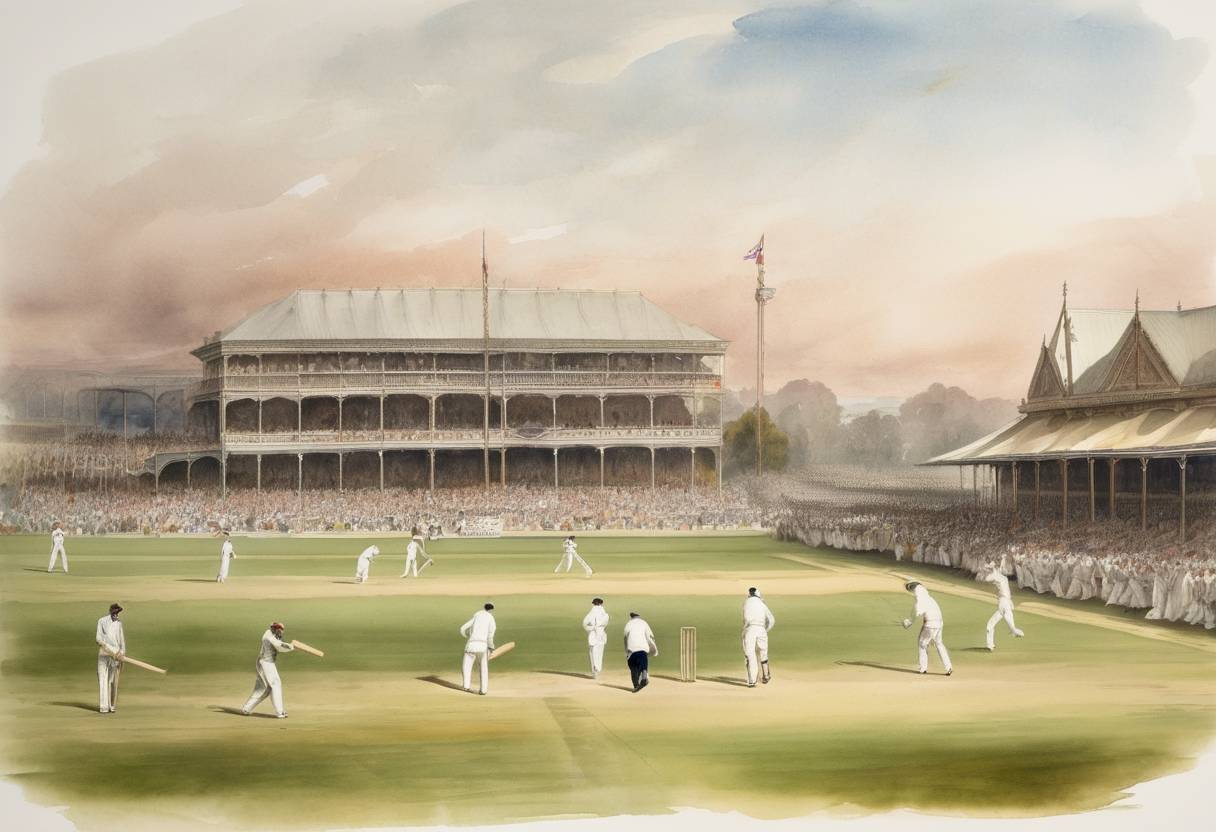 Watercolor painting based depiction of The first official Test cricket match finished with England beating Australia by 45 runs. This was the culmination of the first international cricket match in Melbourne, marking a significant moment in the history of cricket. (1877)