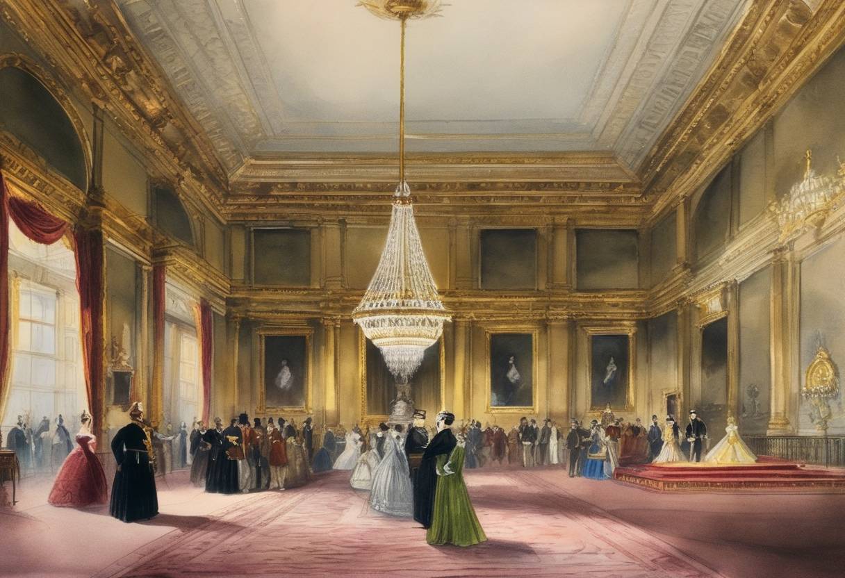 Watercolor painting based depiction of Queen Victoria moved into Buckingham Palace, becoming the first British monarch to reside there. (1837)